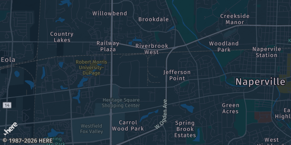 Map of Naperville, IL. The exact address of TOCA Soccer Center is not known, so the map shows the area rather than a specific building.
