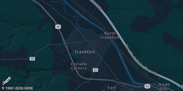 Map of Frankfort, NY. The exact address of VWF Post 502 is not known, so the map shows the area rather than a specific building.