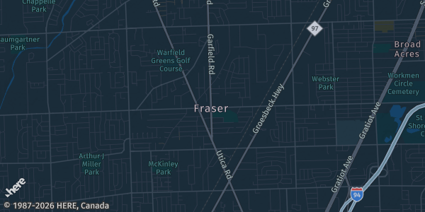 Map of Fraser, MI. The exact address of Fraser VFW Hall is not known, so the map shows the area rather than a specific building.