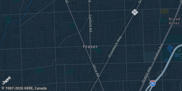 Map of Fraser, MI. The exact address of Fraser VFW Hall is not known, so the map shows the area rather than a specific building.