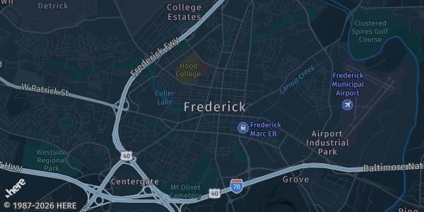 Map of Frederick, MD. The exact address of Clarion Inn is not known, so the map shows the area rather than a specific building.