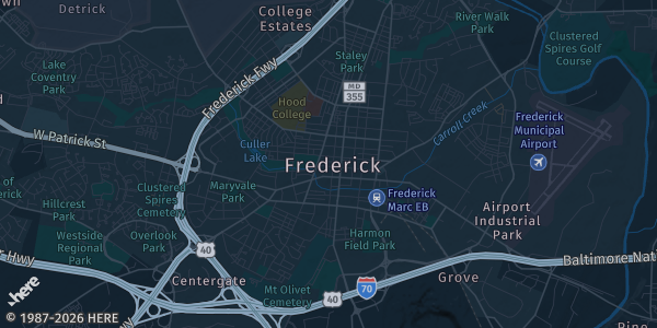 Map of Frederick, MD. The exact address of Clarion Inn is not known, so the map shows the area rather than a specific building.
