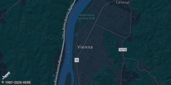 Map of Vienna, WV. The exact address of Grand Central Mall is not known, so the map shows the area rather than a specific building.
