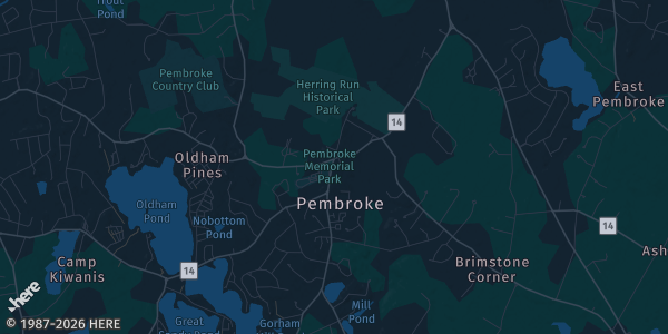 Map of Pembroke, MA. The exact address of Wolves Den Sports Complex is not known, so the map shows the area rather than a specific building.