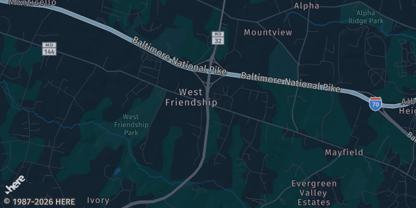 Map of West Friendship, MD. The exact address of Howard County Fairgrounds is not known, so the map shows the area rather than a specific building.