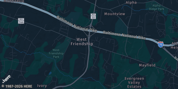 Map of West Friendship, MD. The exact address of Howard County Fairgrounds is not known, so the map shows the area rather than a specific building.
