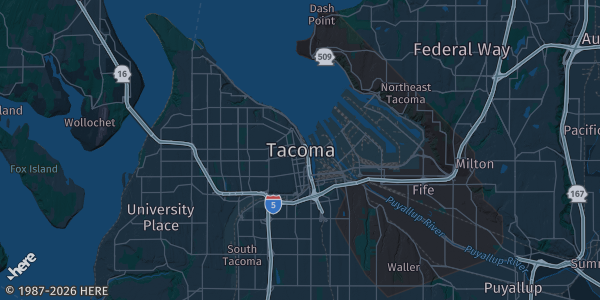 Map of Tacoma, WA. The exact address of this venue is not known, so the map shows the area rather than a specific building.