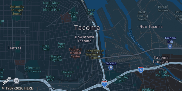 Map of Tacoma, WA. The exact address of CGC & JSA is not known, so the map shows the area rather than a specific building.