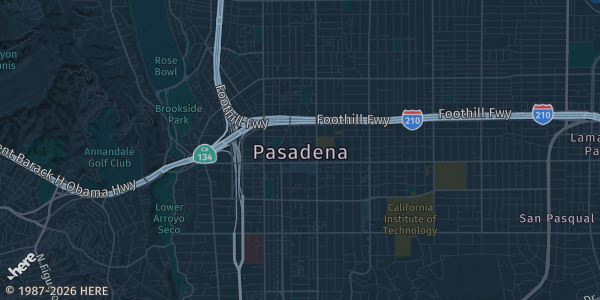 Map of Pasadena, CA. The exact address of Pasadena Convention Center is not known, so the map shows the area rather than a specific building.