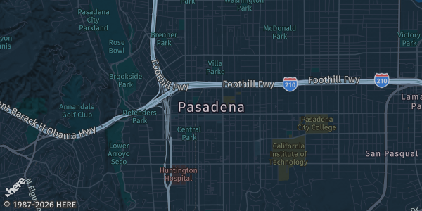Map of Pasadena, CA. The exact address of Pasadena Convention Center is not known, so the map shows the area rather than a specific building.