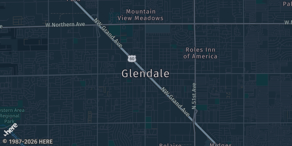 Map of Glendale, AZ. The exact address of State Farm Stadium is not known, so the map shows the area rather than a specific building.
