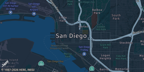 Map of San Diego, CA. The exact address of Town & Country Resort is not known, so the map shows the area rather than a specific building.