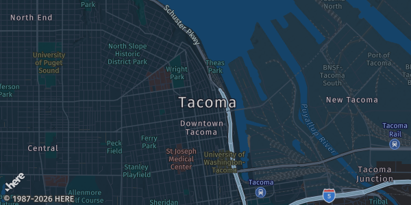 Map of Tacoma, WA. The exact address of Greater Tacoma Convention Center is not known, so the map shows the area rather than a specific building.