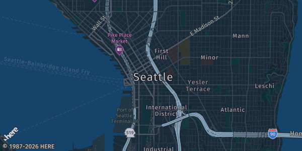 Map of Seattle, WA. The exact address of Greater Tacoma Convention Center is not known, so the map shows the area rather than a specific building.