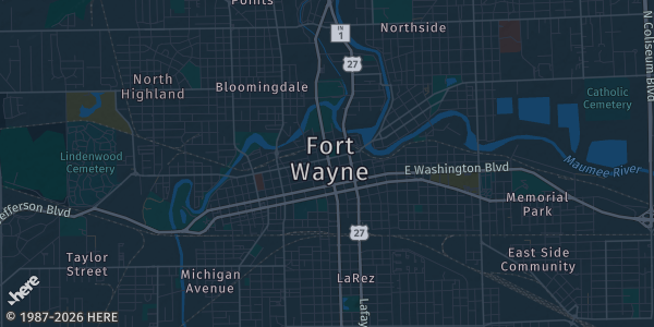 Map of Ft. Wayne, IN. The exact address of Allen County Fairgrounds (BLDGS 3 & 4) is not known, so the map shows the area rather than a specific building.
