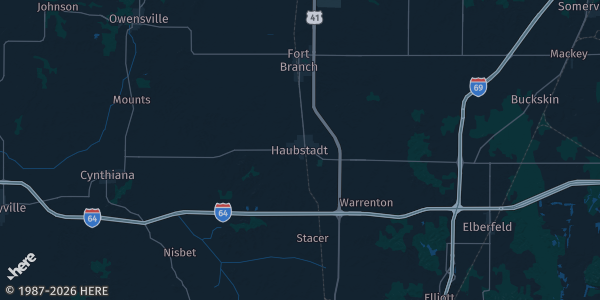 Map of Haubstadt, IN. The exact address of Full Metal Card Shop is not known, so the map shows the area rather than a specific building.