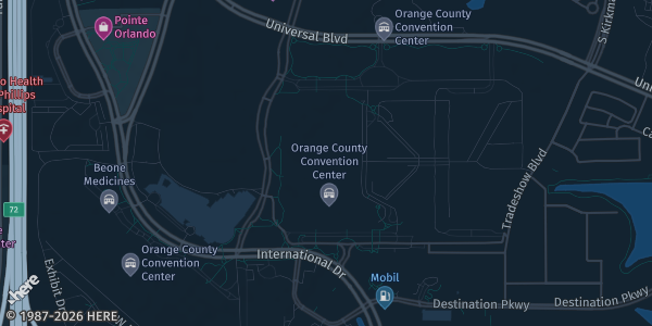 Map of Orlando, FL. The exact address of Orange County Convention Center North/South Bldg Hall NB is not known, so the map shows the area rather than a specific building.