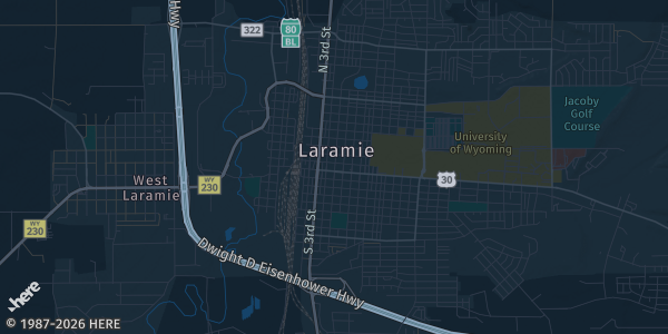 Map of Laramie, WY. The exact address of Hilton Garden Inn Laramie is not known, so the map shows the area rather than a specific building.