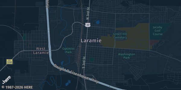 Map of Laramie, WY. The exact address of Hilton Garden Inn Laramie is not known, so the map shows the area rather than a specific building.