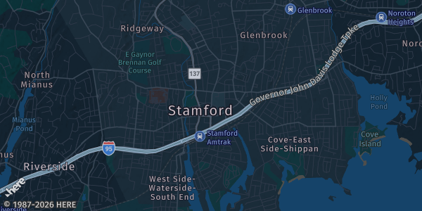 Map of Stamford, CT. The exact address of Hilton Stamford Hotel & Executive Meeting Center is not known, so the map shows the area rather than a specific building.