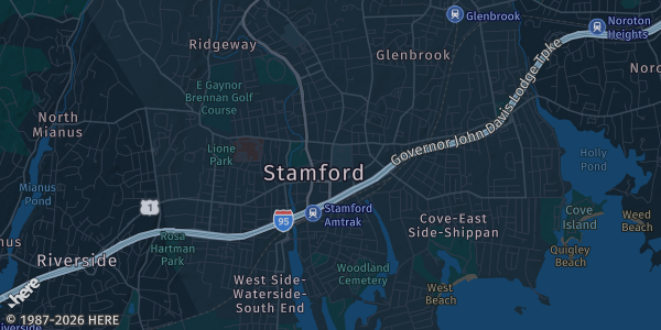 Map of Stamford, CT. The exact address of Hilton Stamford Hotel & Executive Meeting Center is not known, so the map shows the area rather than a specific building.