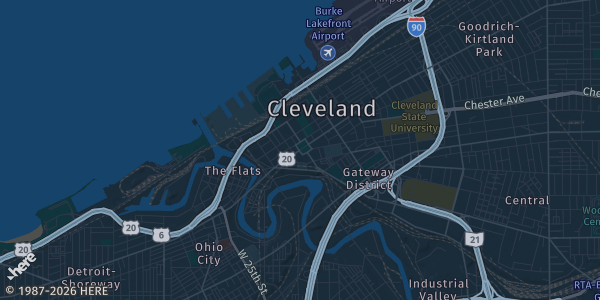 Map of Cleveland, OH. The exact address of Cleveland State University Student Center is not known, so the map shows the area rather than a specific building.