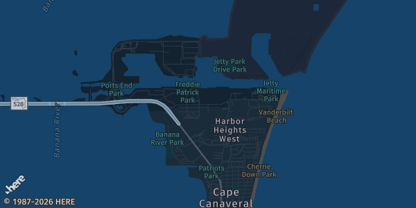 Map of Departing from Port Canaveral, FL. The exact address of Norwegian Prima is not known, so the map shows the area rather than a specific building.