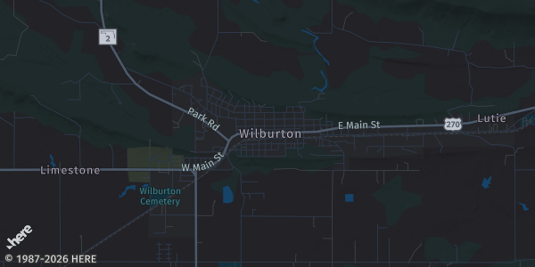 Map of Wilburton, OK. The exact address of Robbers Cave State Park is not known, so the map shows the area rather than a specific building.