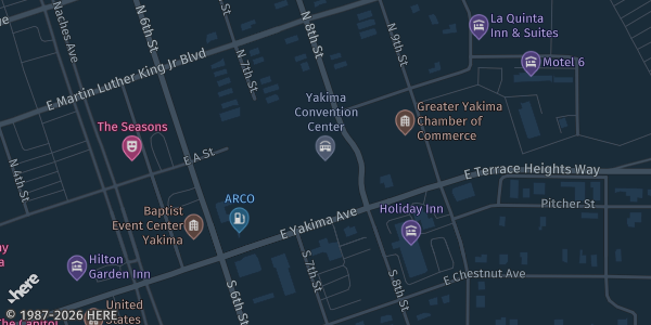 Map showing Yakima Convention Center in Yakima, WA.