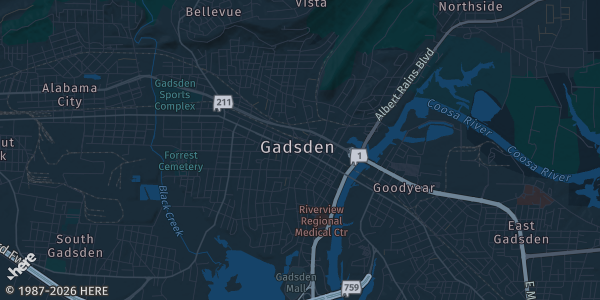 Map of Gadsden, AL. The exact address of The Venue at Coosa Landing is not known, so the map shows the area rather than a specific building.