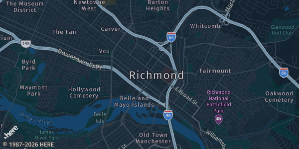 Map of Richmond, VA. The exact address of GalaxyCon Richmond is not known, so the map shows the area rather than a specific building.