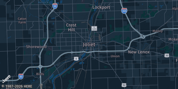 Map of Joliet, IL. The exact address of JCA High School is not known, so the map shows the area rather than a specific building.