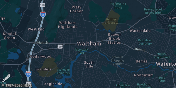 Map of Waltham, MA. The exact address of Game Underground is not known, so the map shows the area rather than a specific building.