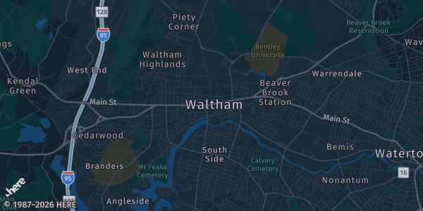 Map of Waltham, MA. The exact address of Game Underground is not known, so the map shows the area rather than a specific building.