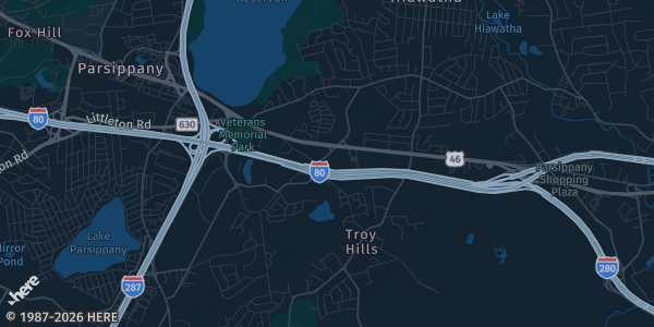 Map of Parsippany, NJ. The exact address of Police Athletic League Building is not known, so the map shows the area rather than a specific building.