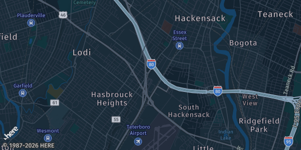 Map of Hasbrouck Heights, NJ. The exact address of Hilton Hasbrouck Heights is not known, so the map shows the area rather than a specific building.
