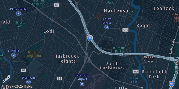 Map of Hasbrouck Heights, NJ. The exact address of Hilton Hasbrouck Heights is not known, so the map shows the area rather than a specific building.