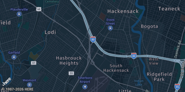 Map of Hasbrouck Heights, NJ. The exact address of Hilton Hasbrouck Heights is not known, so the map shows the area rather than a specific building.