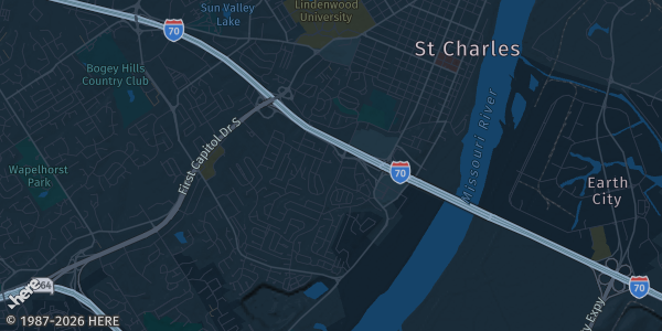 Map of St. Charles, MO. The exact address of GAS Card Shows is not known, so the map shows the area rather than a specific building.