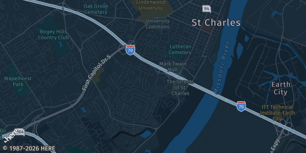 Map of St. Charles, MO. The exact address of GAS Card Shows is not known, so the map shows the area rather than a specific building.