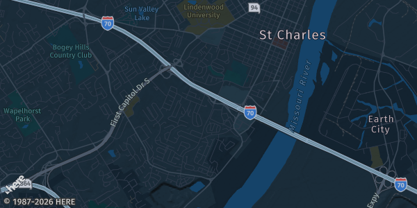 Map of Saint Charles, MO. The exact address of St. Charles Convention Center is not known, so the map shows the area rather than a specific building.