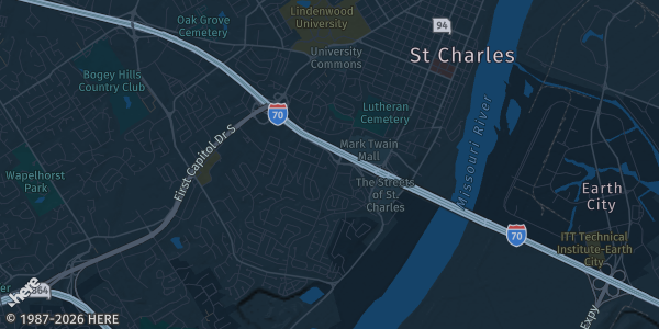 Map of Saint Charles, MO. The exact address of St. Charles Convention Center is not known, so the map shows the area rather than a specific building.