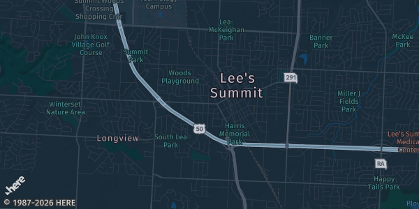 Map of Lee's Summit, MO. The exact address of John Knox Village Pavilion is not known, so the map shows the area rather than a specific building.