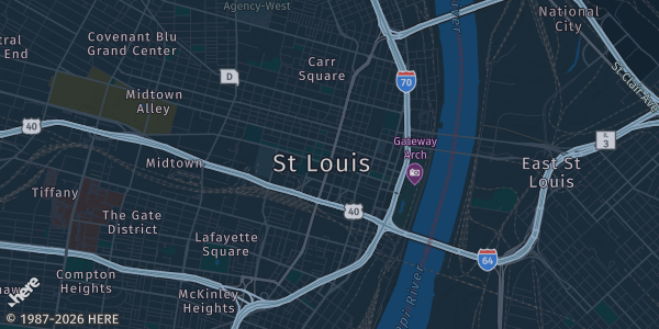 Map of St. Louis, MO. The exact address of Hilton St. Louis at the Ballpark is not known, so the map shows the area rather than a specific building.
