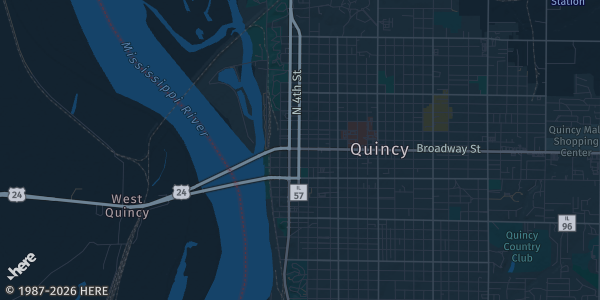 Map of Quincy, IL. The exact address of Knights of Columbus, Quincy, IL is not known, so the map shows the area rather than a specific building.