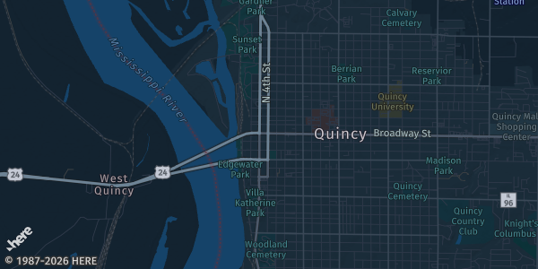 Map of Quincy, IL. The exact address of Knights of Columbus, Quincy, IL is not known, so the map shows the area rather than a specific building.