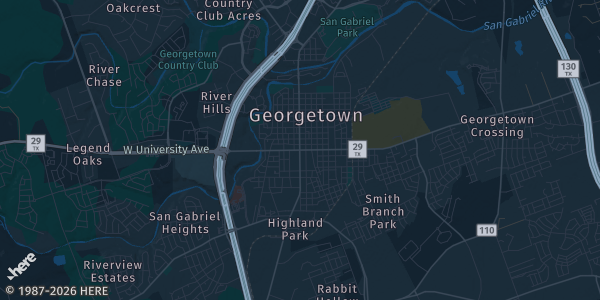 Map of Georgetown, TX. The exact address of Georgetown Community Center is not known, so the map shows the area rather than a specific building.