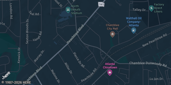 Map of Chamblee, GA. The exact address of Double Tree Hotel is not known, so the map shows the area rather than a specific building.