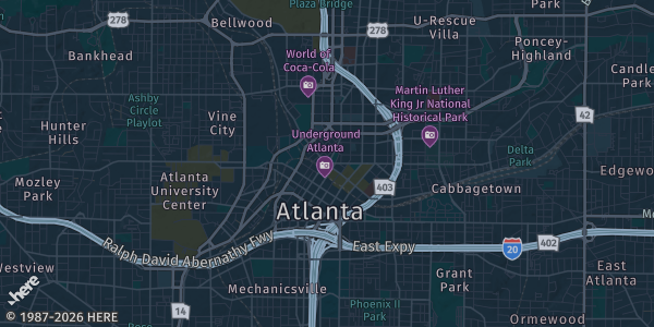 Map of Atlanta, GA. The exact address of Double Tree Hotel is not known, so the map shows the area rather than a specific building.
