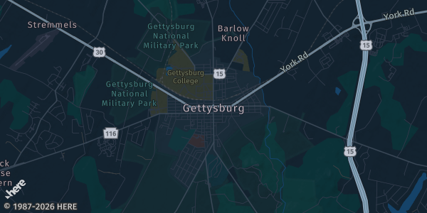 Map of Gettysburg, PA. The exact address of Eisenhower Complex - Hotel and Conference Center is not known, so the map shows the area rather than a specific building.